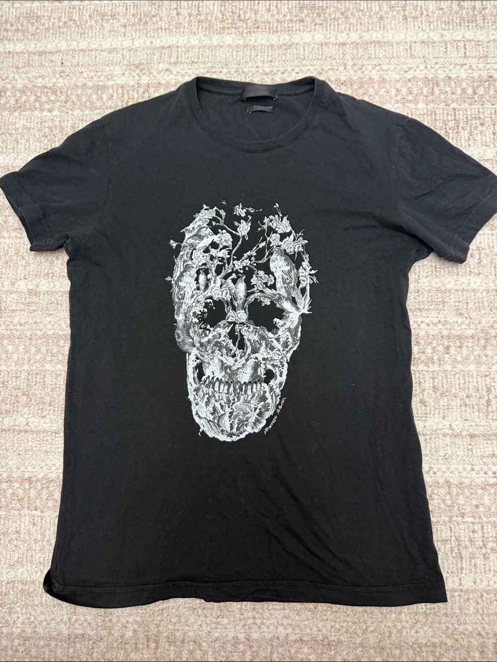 Alexander McQueen Black T-Shirt with White Floral Skull Graphic